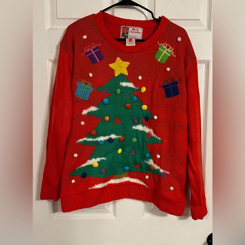 Merry Christmas Sweater Women's L/XL 3D Tree Presents Flashing Lights Up Red